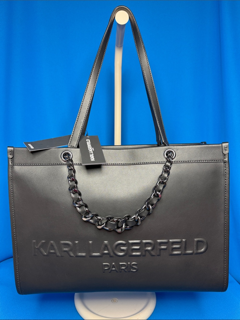 NWT $278 KARL LAGERFELD PARIS LARGE SAVOIE BLACK LEATHER DUAL HANDLES TOTE
